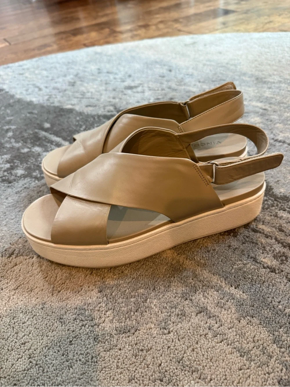 Vince Beige Crisscross Slingback Wedge Sandals